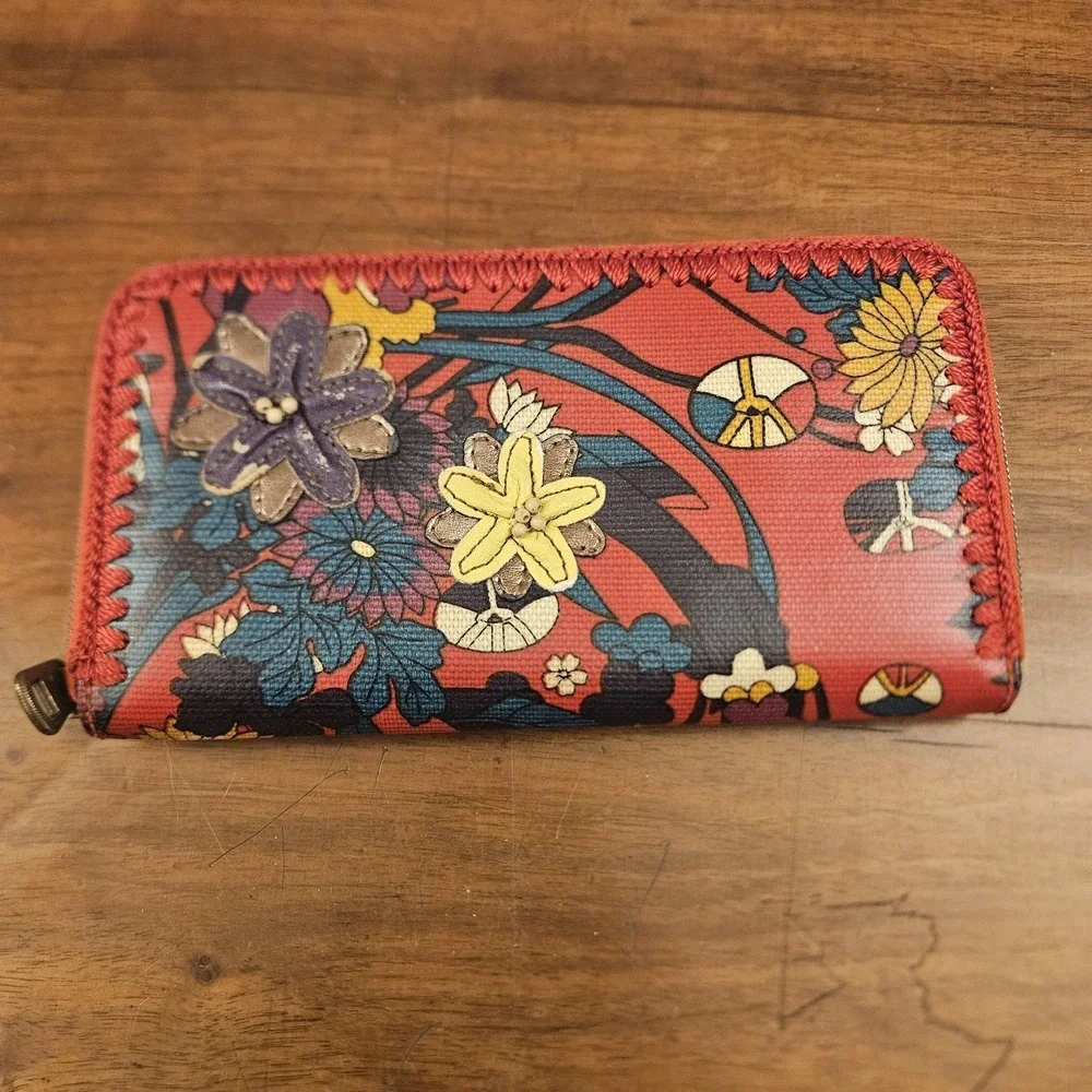 Sakroots Women's Peace Wallet Coated Canvas Floral Embroidered Zip Around Red